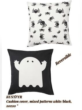 Reversible Halloween Cushion Cover - Ghost & Spider Pattern, White/Black